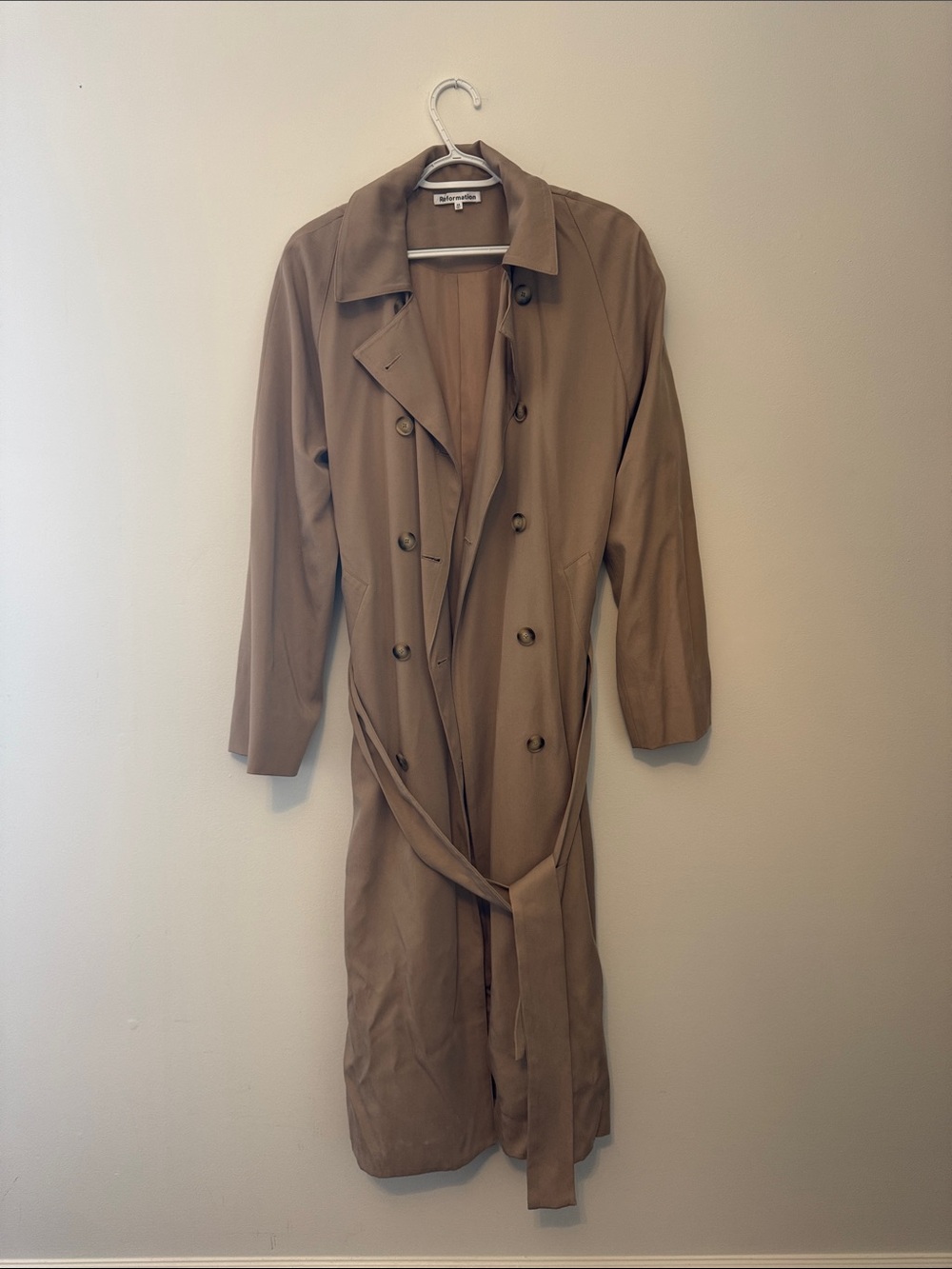 Reformation Camel Double-Breasted Trench Coat with Belt